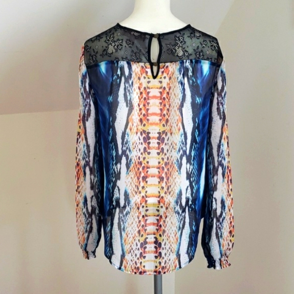 PHILOSOPHY Snake-Print Semi-sheer Multicolor Black Shoulder Lace Trim Top XS - Picture 8 of 16